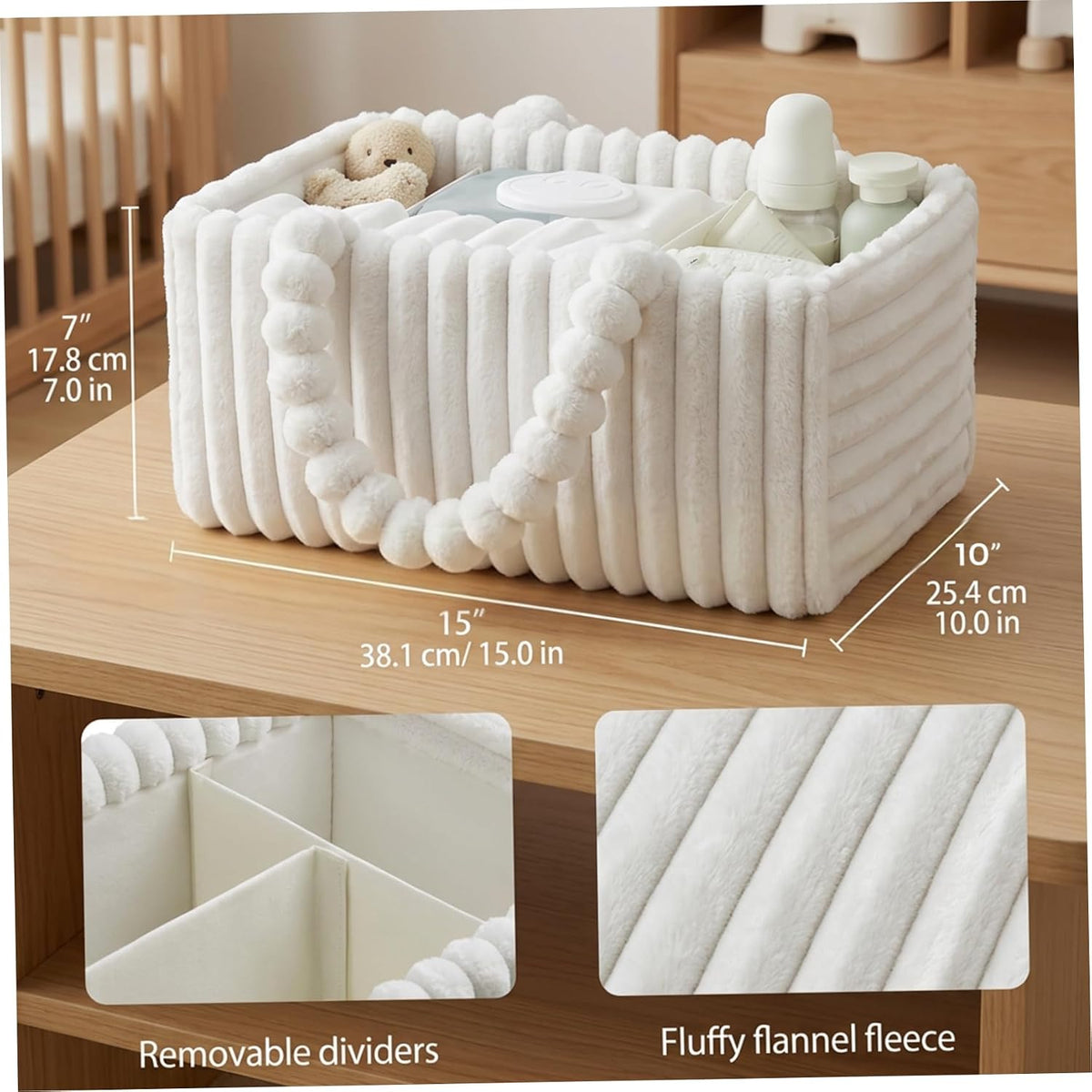 Baby Diaper Caddy, Portable Diaper Caddy with Removable Dividers, Soft Flannel Storage Bin for Baby Essentials, Toys, and Supplies, White
