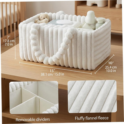 Baby Diaper Caddy, Portable Diaper Caddy with Removable Dividers, Soft Flannel Storage Bin for Baby Essentials, Toys, and Supplies, White