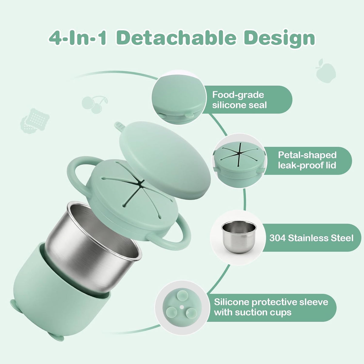 2 Pack Snack Cups for Toddlers Spill Proof - Detachable Stainless Steel Toddler Snack Cups with Silicone Lids & Handles - Dishwasher Safe Snack Container (Red and Purple)