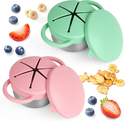 2 Pack Snack Cups for Toddlers Spill Proof - Detachable Stainless Steel Toddler Snack Cups with Silicone Lids & Handles - Dishwasher Safe Snack Container (Red and Purple)