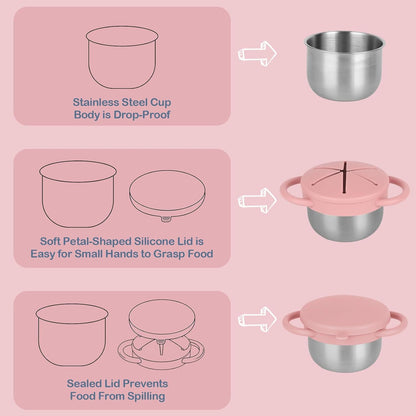2 Pack Snack Cups for Toddlers Spill Proof - Detachable Stainless Steel Toddler Snack Cups with Silicone Lids & Handles - Dishwasher Safe Snack Container (Red and Purple)
