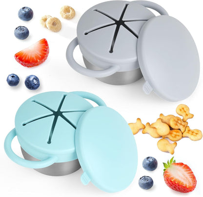 2 Pack Snack Cups for Toddlers Spill Proof - Detachable Stainless Steel Toddler Snack Cups with Silicone Lids & Handles - Dishwasher Safe Snack Container (Red and Purple)