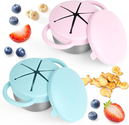 2 Pack Snack Cups for Toddlers Spill Proof - Detachable Stainless Steel Toddler Snack Cups with Silicone Lids & Handles - Dishwasher Safe Snack Container (Red and Purple)