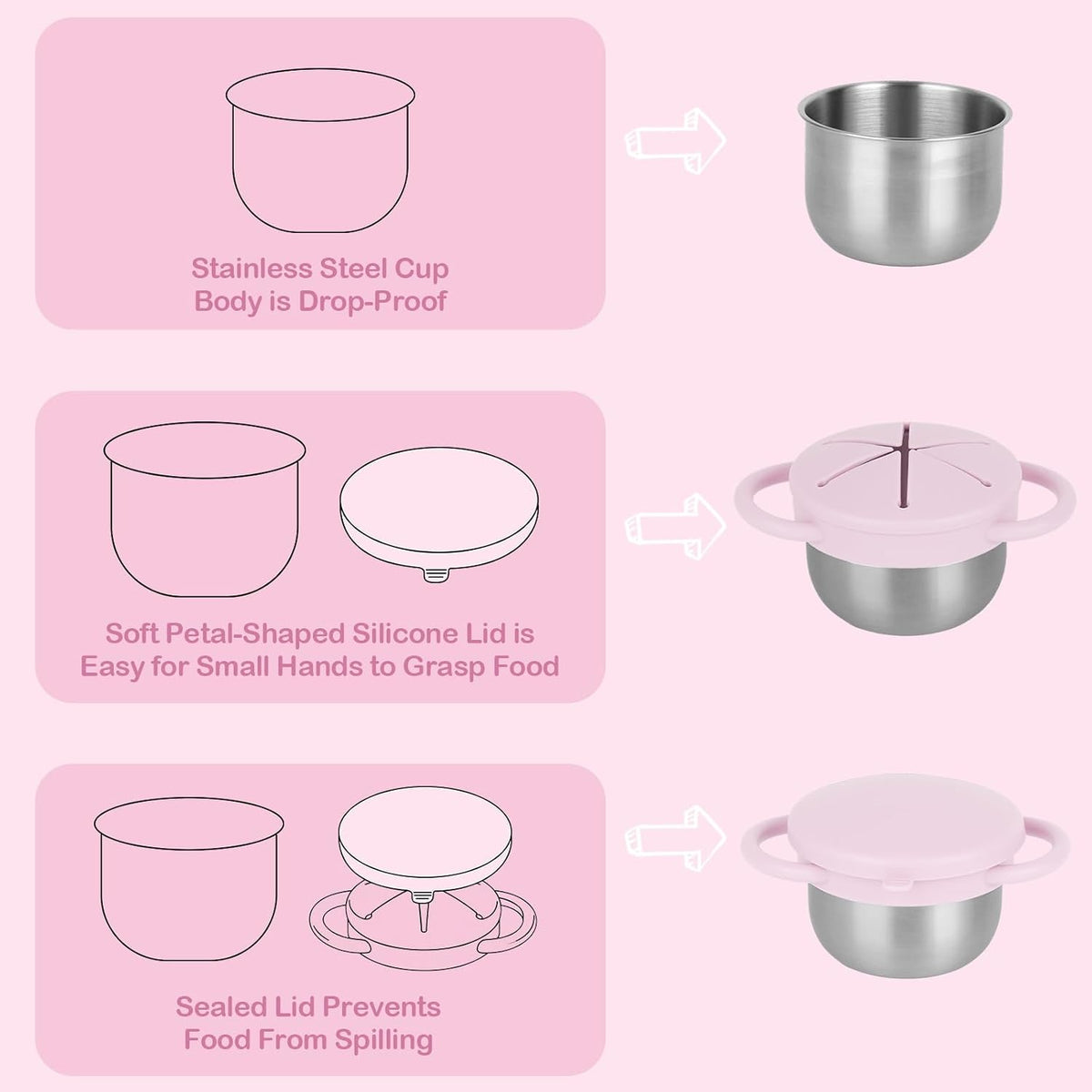2 Pack Snack Cups for Toddlers Spill Proof - Detachable Stainless Steel Toddler Snack Cups with Silicone Lids & Handles - Dishwasher Safe Snack Container (Red and Purple)