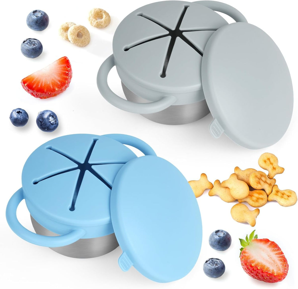 2 Pack Snack Cups for Toddlers Spill Proof - Detachable Stainless Steel Toddler Snack Cups with Silicone Lids & Handles - Dishwasher Safe Snack Container (Red and Purple)