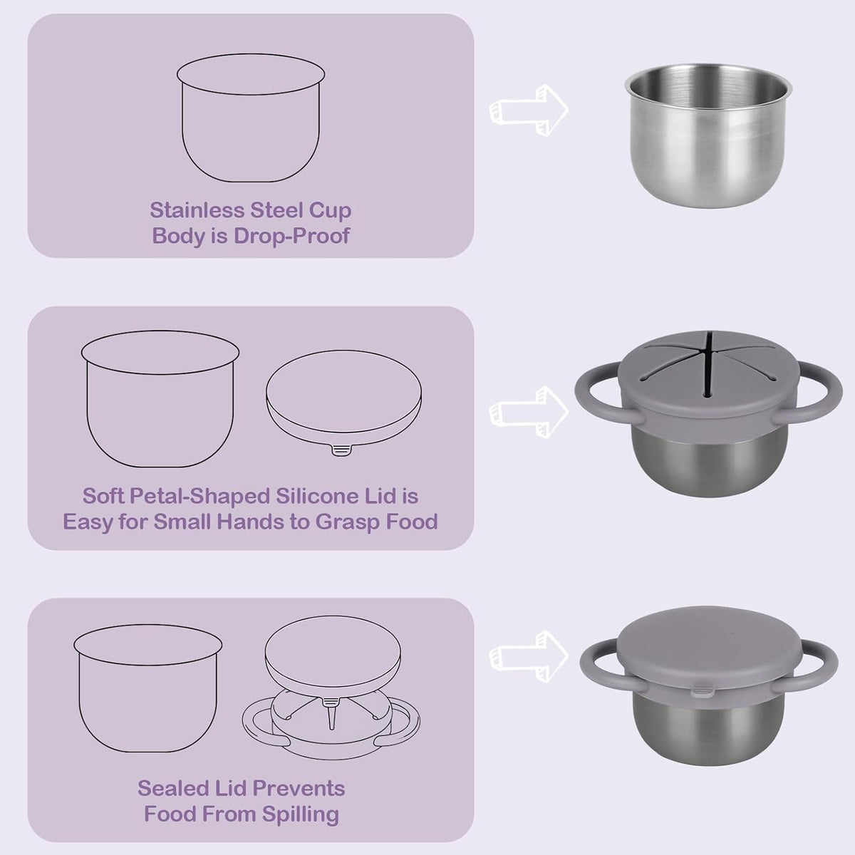 2 Pack Snack Cups for Toddlers Spill Proof - Detachable Stainless Steel Toddler Snack Cups with Silicone Lids & Handles - Dishwasher Safe Snack Container (Red and Purple)