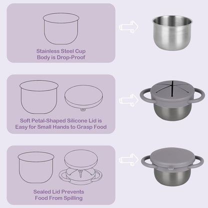 2 Pack Snack Cups for Toddlers Spill Proof - Detachable Stainless Steel Toddler Snack Cups with Silicone Lids & Handles - Dishwasher Safe Snack Container (Red and Purple)