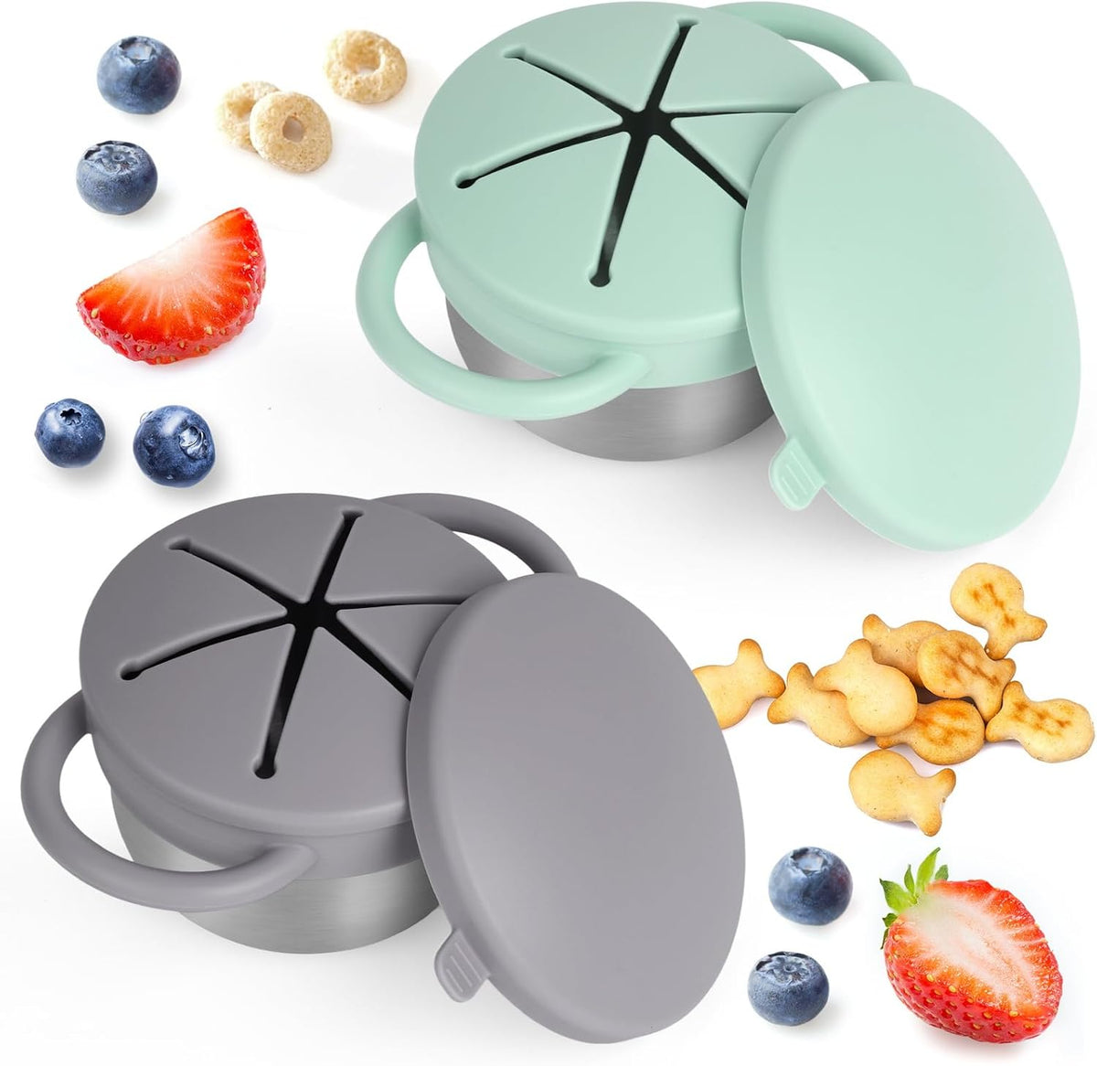 2 Pack Snack Cups for Toddlers Spill Proof - Detachable Stainless Steel Toddler Snack Cups with Silicone Lids & Handles - Dishwasher Safe Snack Container (Red and Purple)
