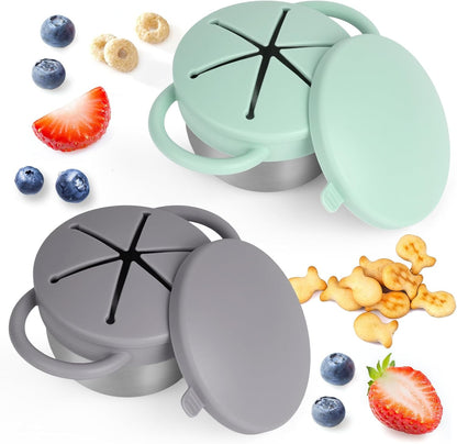 2 Pack Snack Cups for Toddlers Spill Proof - Detachable Stainless Steel Toddler Snack Cups with Silicone Lids & Handles - Dishwasher Safe Snack Container (Red and Purple)