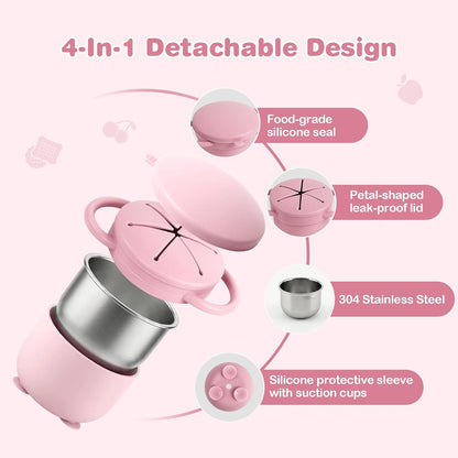 2 Pack Snack Cups for Toddlers Spill Proof - Detachable Stainless Steel Toddler Snack Cups with Silicone Lids & Handles - Dishwasher Safe Snack Container (Red and Purple)
