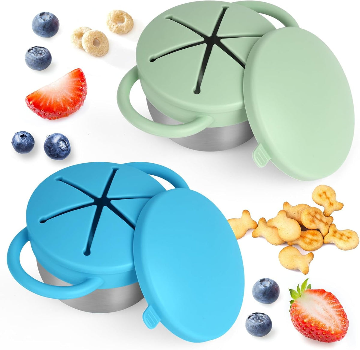2 Pack Snack Cups for Toddlers Spill Proof - Detachable Stainless Steel Toddler Snack Cups with Silicone Lids & Handles - Dishwasher Safe Snack Container (Red and Purple)
