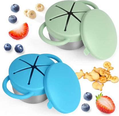 2 Pack Snack Cups for Toddlers Spill Proof - Detachable Stainless Steel Toddler Snack Cups with Silicone Lids & Handles - Dishwasher Safe Snack Container (Red and Purple)
