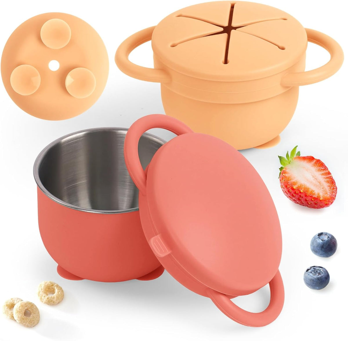 2 Pack Snack Cups for Toddlers Spill Proof - Detachable Stainless Steel Toddler Snack Cups with Silicone Lids & Handles - Dishwasher Safe Snack Container (Red and Purple)