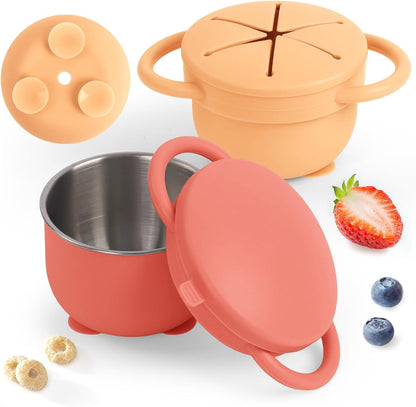 2 Pack Snack Cups for Toddlers Spill Proof - Detachable Stainless Steel Toddler Snack Cups with Silicone Lids & Handles - Dishwasher Safe Snack Container (Red and Purple)