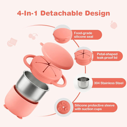 2 Pack Snack Cups for Toddlers Spill Proof - Detachable Stainless Steel Toddler Snack Cups with Silicone Lids & Handles - Dishwasher Safe Snack Container (Red and Purple)