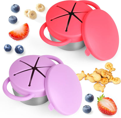 2 Pack Snack Cups for Toddlers Spill Proof - Detachable Stainless Steel Toddler Snack Cups with Silicone Lids & Handles - Dishwasher Safe Snack Container (Red and Purple)