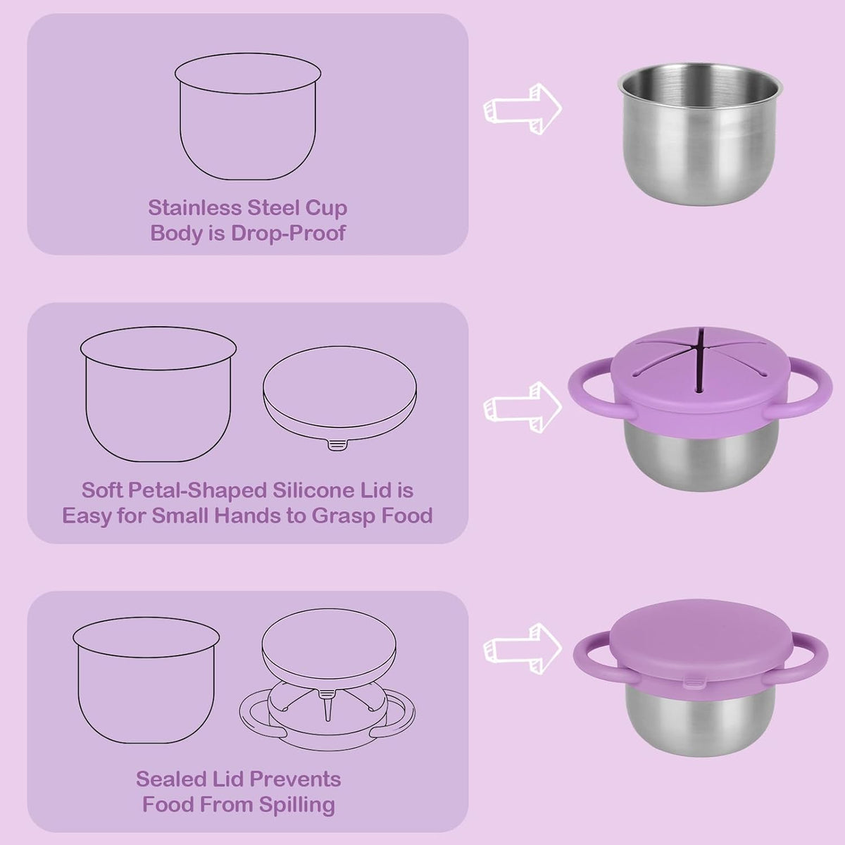 2 Pack Snack Cups for Toddlers Spill Proof - Detachable Stainless Steel Toddler Snack Cups with Silicone Lids & Handles - Dishwasher Safe Snack Container (Red and Purple)