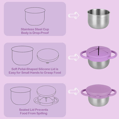 2 Pack Snack Cups for Toddlers Spill Proof - Detachable Stainless Steel Toddler Snack Cups with Silicone Lids & Handles - Dishwasher Safe Snack Container (Red and Purple)