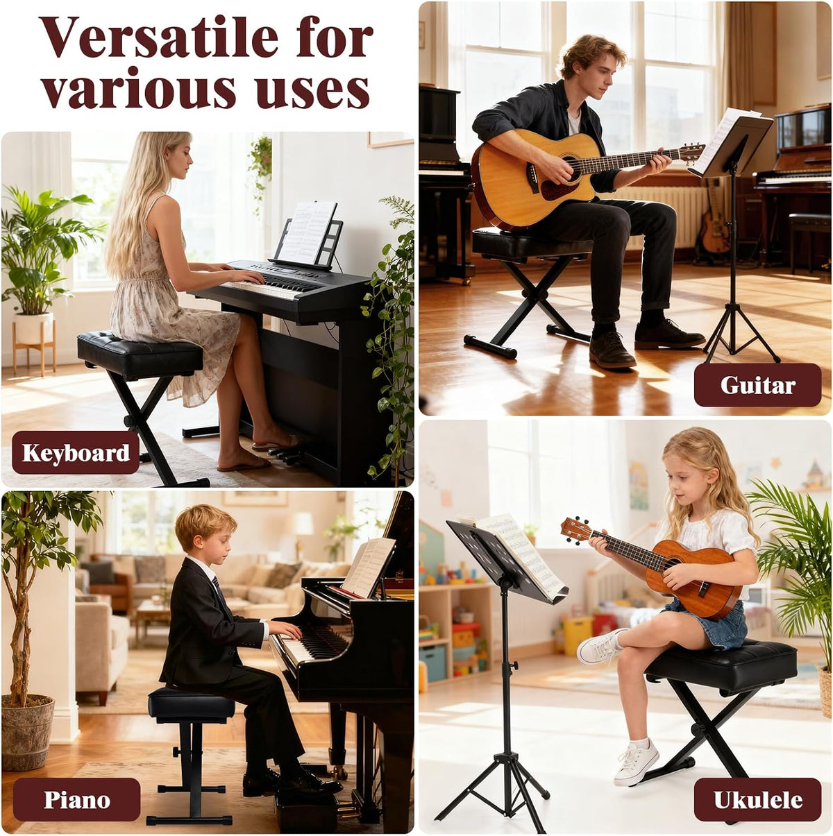 Adjustable Piano Bench Keyboard Bench High Resilience Support, Black