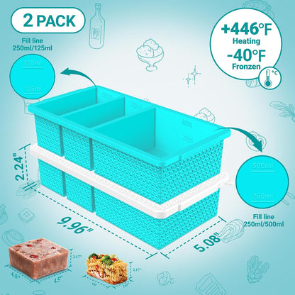 Silicone Freezer Trays with Lid (2-Pack), 1-Cup & 2-Cup Silicone Freezer Molds, Stackable Soup Cubes Freezer Tray with Lid for Portion Control, Food Storage & Meal Prep, Oven & Dishwasher Safe
