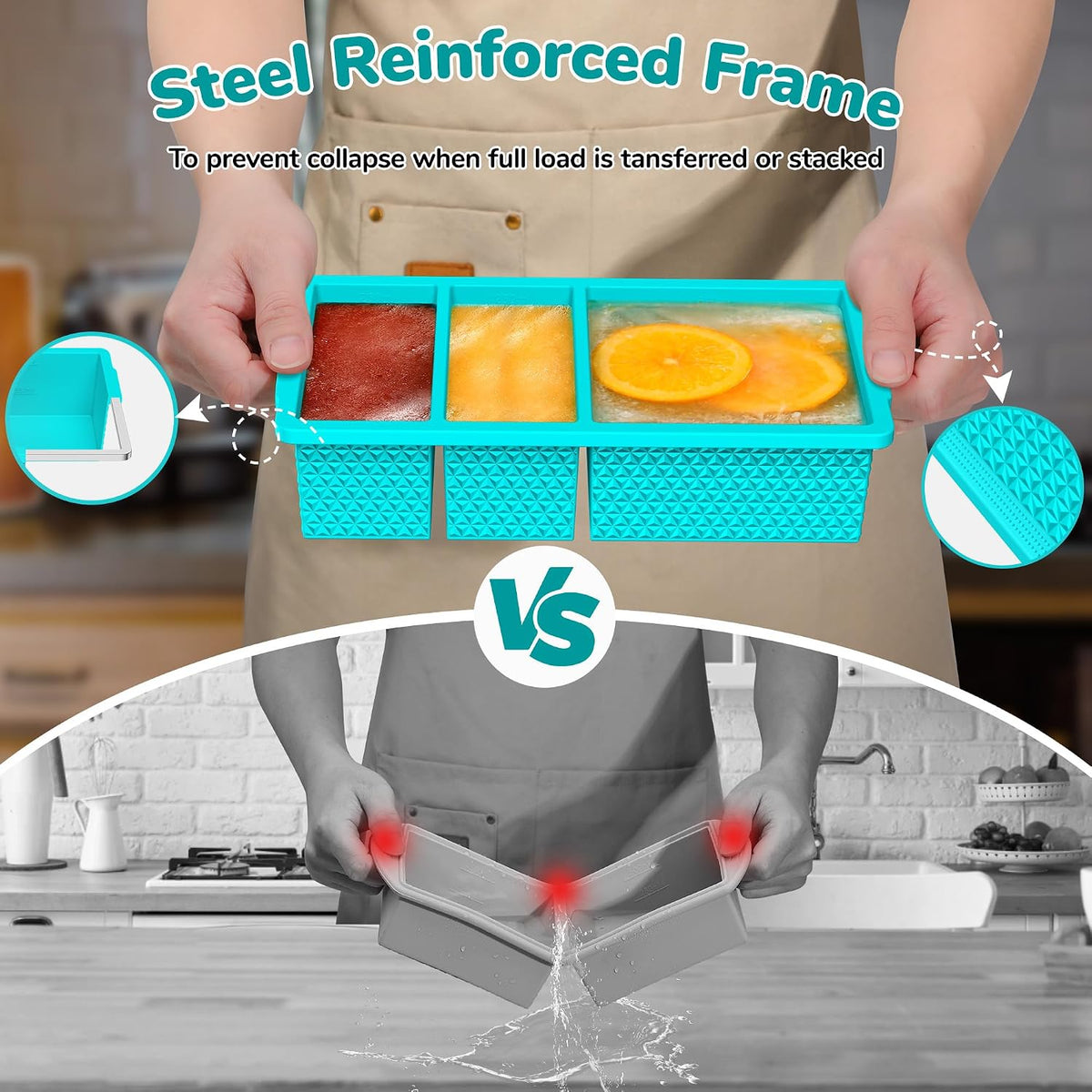 Silicone Freezer Trays with Lid (2-Pack), 1-Cup & 2-Cup Silicone Freezer Molds, Stackable Soup Cubes Freezer Tray with Lid for Portion Control, Food Storage & Meal Prep, Oven & Dishwasher Safe