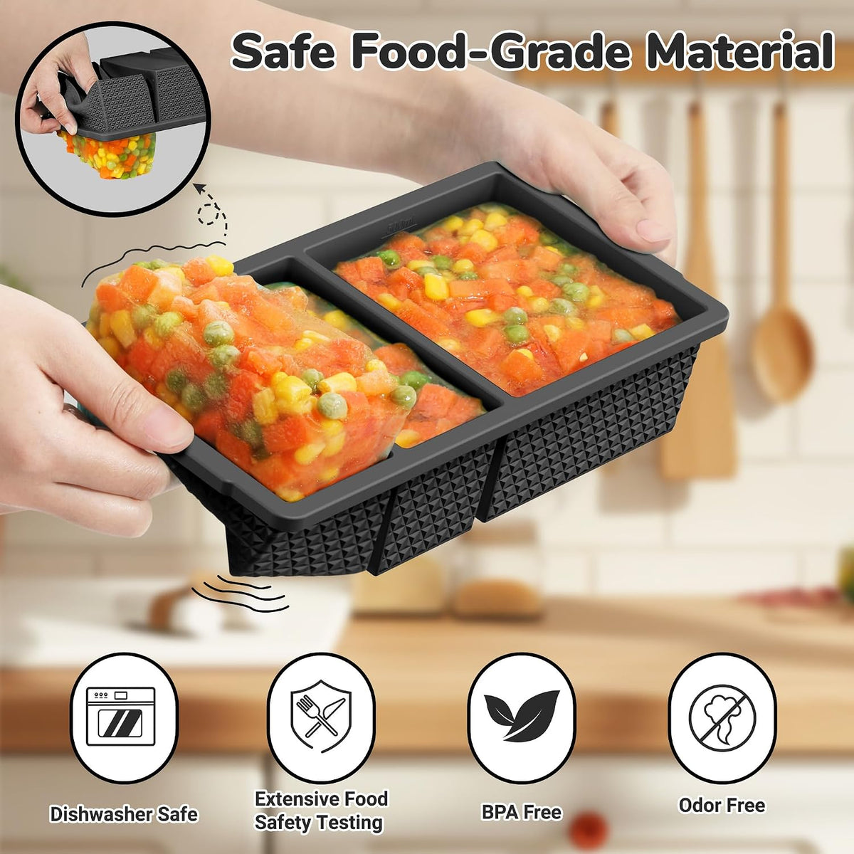 Silicone Freezer Trays with Lid (2-Pack), 1-Cup & 2-Cup Silicone Freezer Molds, Stackable Soup Cubes Freezer Tray with Lid for Portion Control, Food Storage & Meal Prep, Oven & Dishwasher Safe
