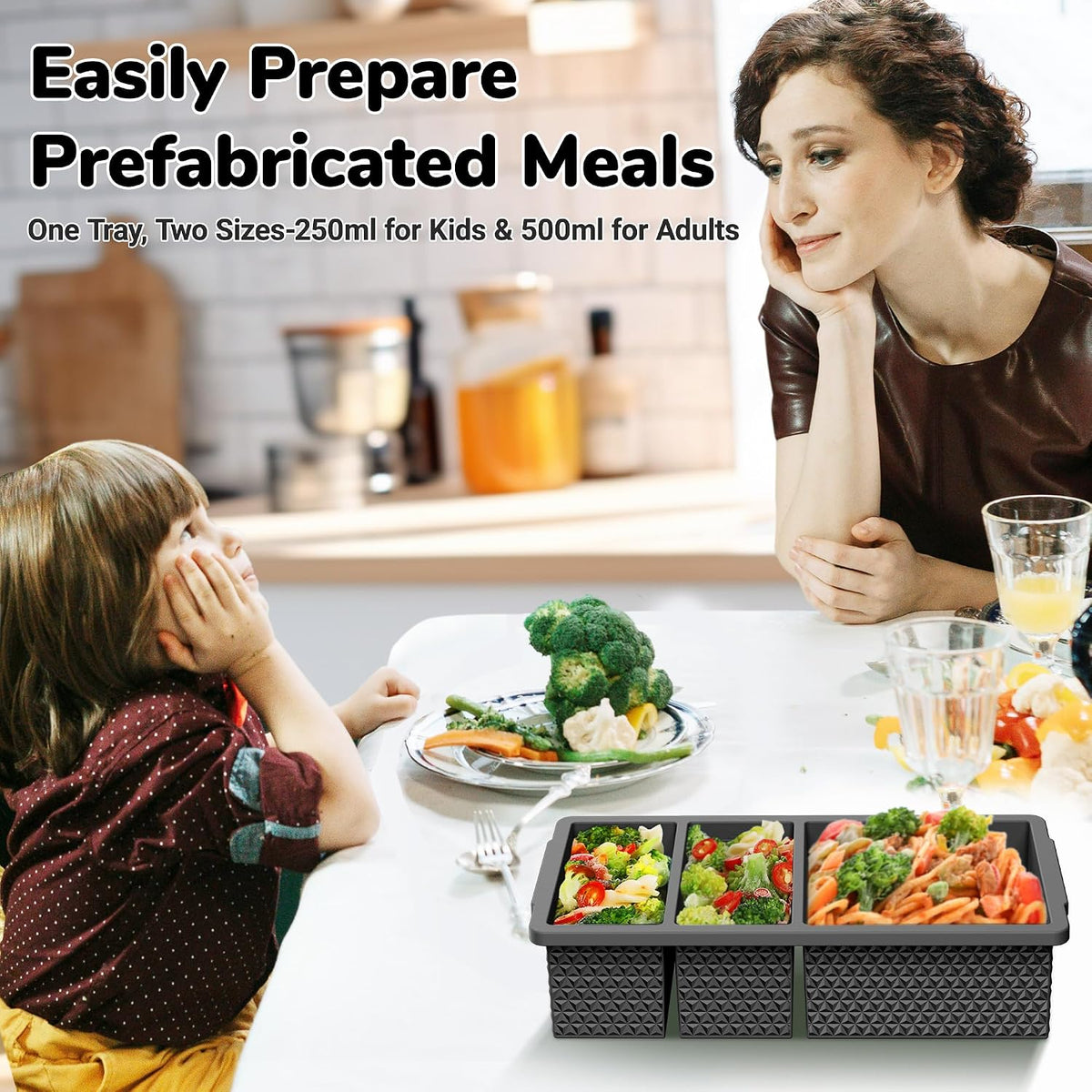 Silicone Freezer Trays with Lid (2-Pack), 1-Cup & 2-Cup Silicone Freezer Molds, Stackable Soup Cubes Freezer Tray with Lid for Portion Control, Food Storage & Meal Prep, Oven & Dishwasher Safe