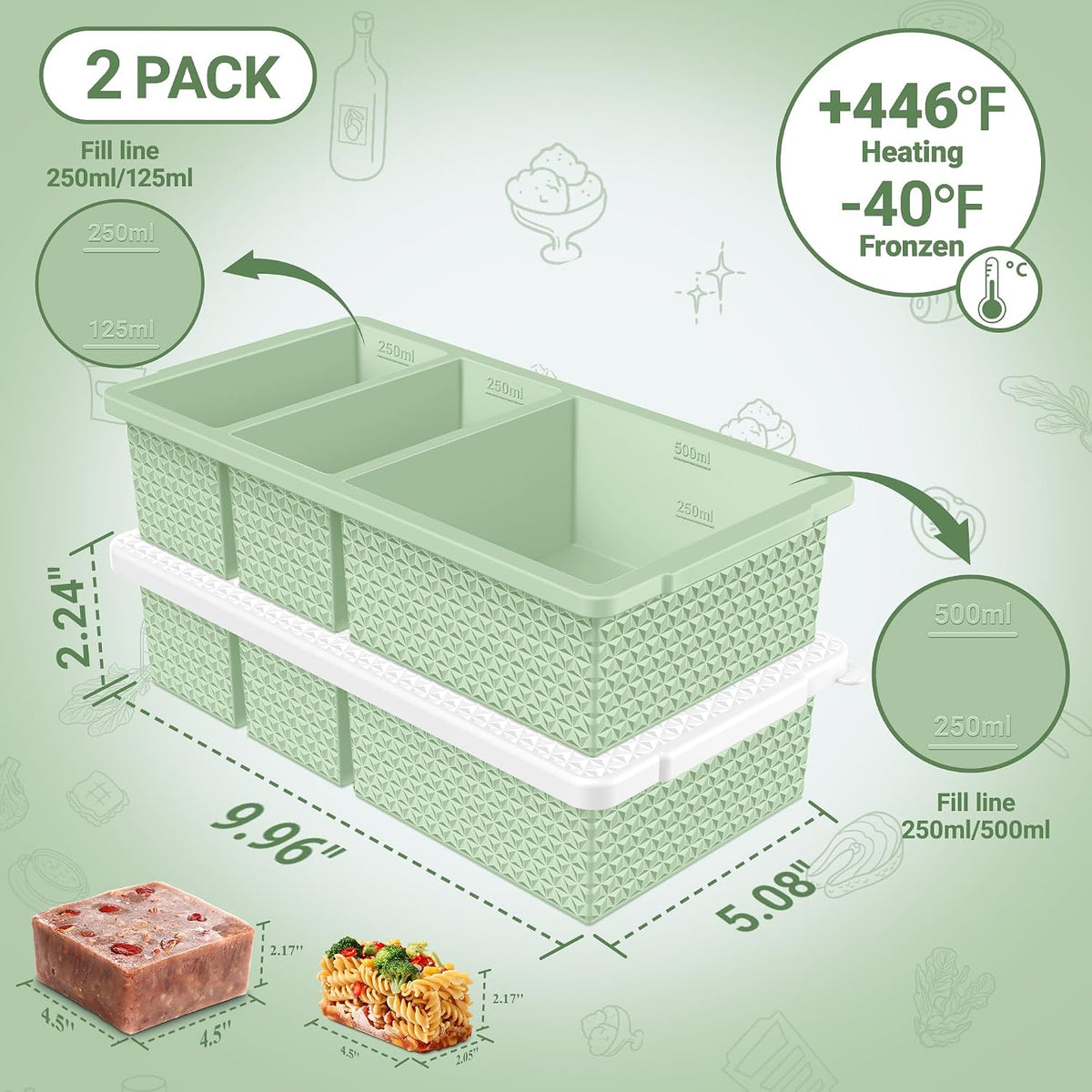 Silicone Freezer Trays with Lid (2-Pack), 1-Cup & 2-Cup Silicone Freezer Molds, Stackable Soup Cubes Freezer Tray with Lid for Portion Control, Food Storage & Meal Prep, Oven & Dishwasher Safe