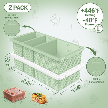 Silicone Freezer Trays with Lid (2-Pack), 1-Cup & 2-Cup Silicone Freezer Molds, Stackable Soup Cubes Freezer Tray with Lid for Portion Control, Food Storage & Meal Prep, Oven & Dishwasher Safe