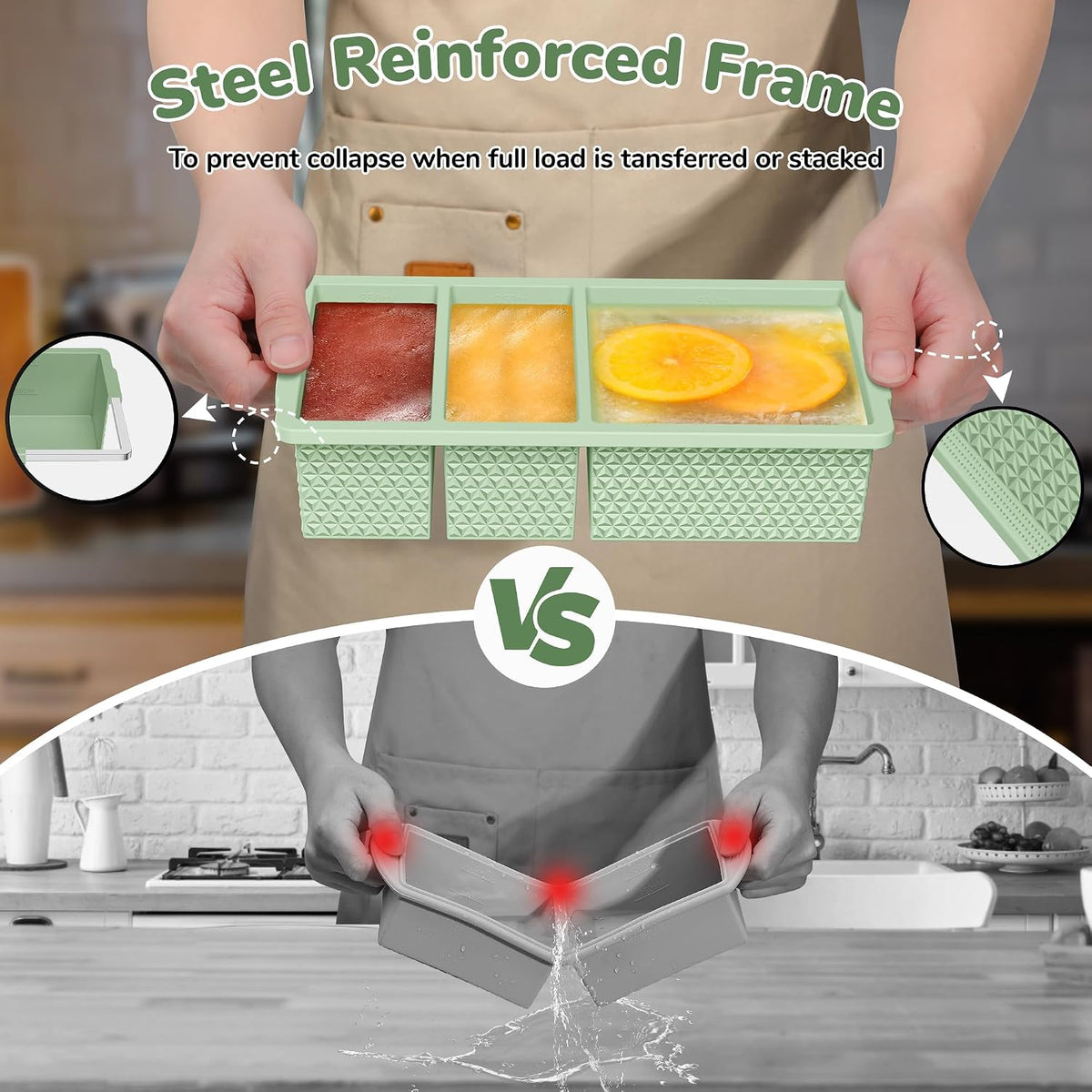 Silicone Freezer Trays with Lid (2-Pack), 1-Cup & 2-Cup Silicone Freezer Molds, Stackable Soup Cubes Freezer Tray with Lid for Portion Control, Food Storage & Meal Prep, Oven & Dishwasher Safe