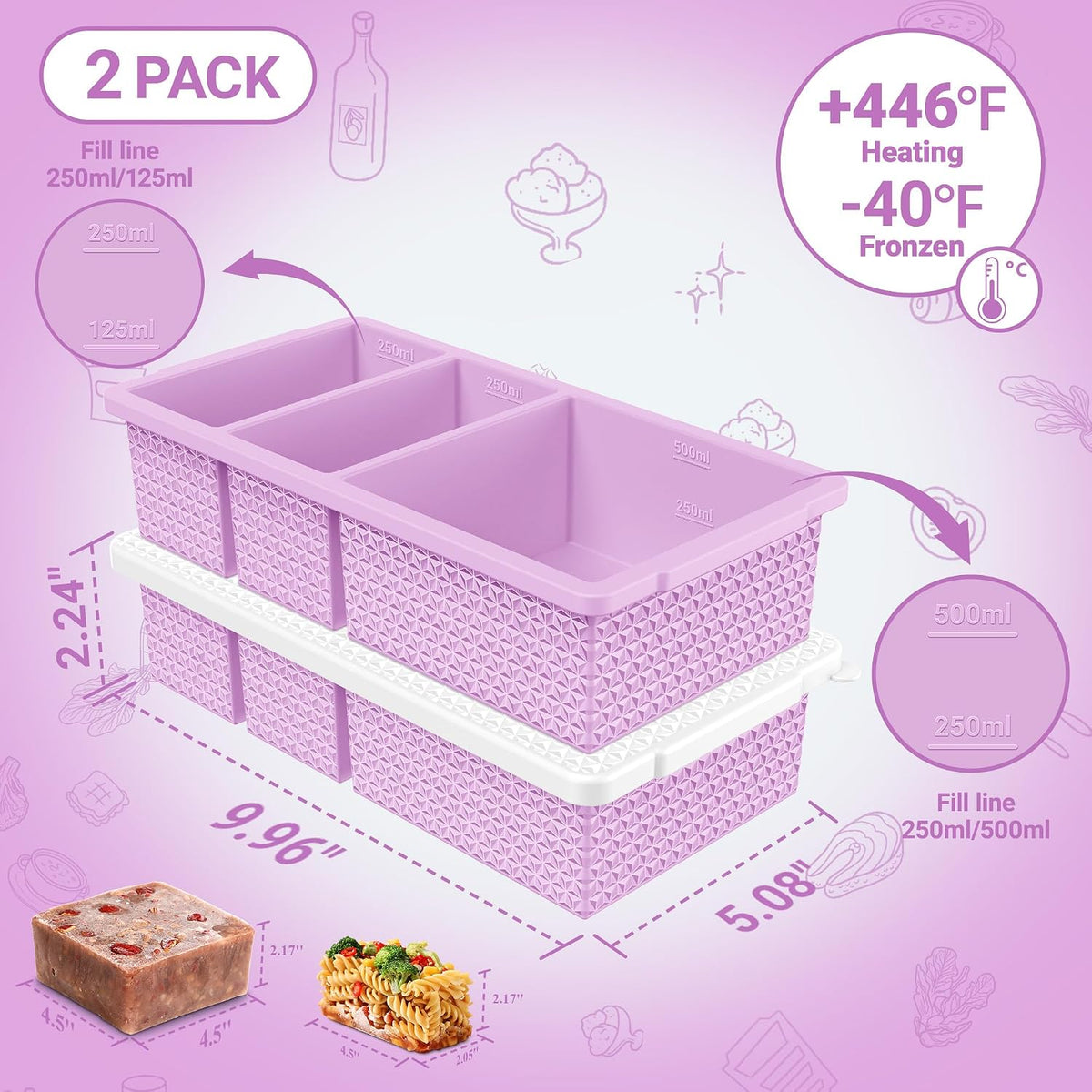 Silicone Freezer Trays with Lid (2-Pack), 1-Cup & 2-Cup Silicone Freezer Molds, Stackable Soup Cubes Freezer Tray with Lid for Portion Control, Food Storage & Meal Prep, Oven & Dishwasher Safe