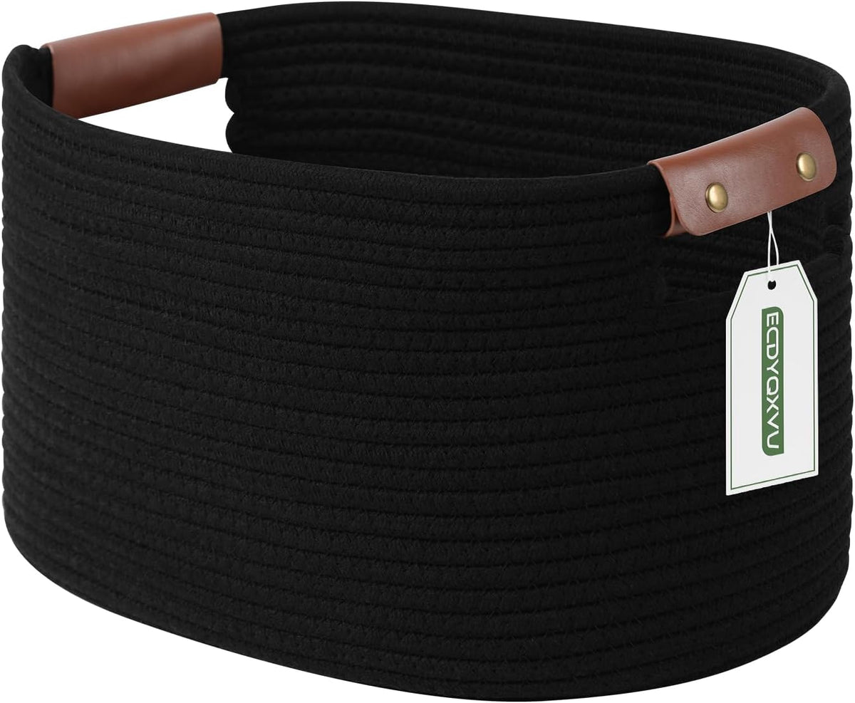15x10x9 Woven Cotton Rope Storage Basket, Leather Handles