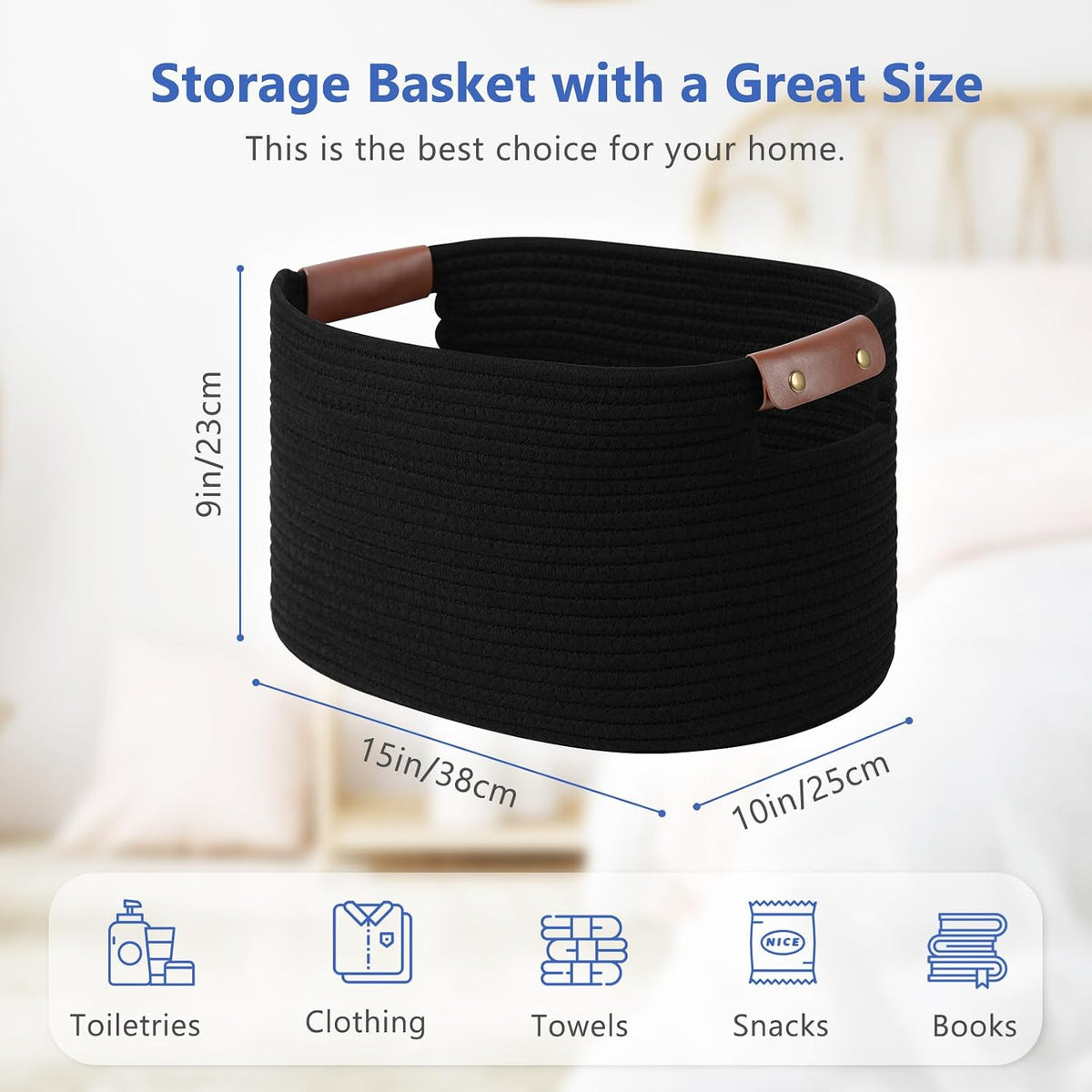 15x10x9 Woven Cotton Rope Storage Basket, Leather Handles