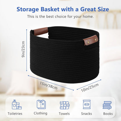 15x10x9 Woven Cotton Rope Storage Basket, Leather Handles