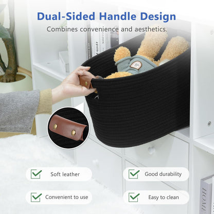 15x10x9 Woven Cotton Rope Storage Basket, Leather Handles