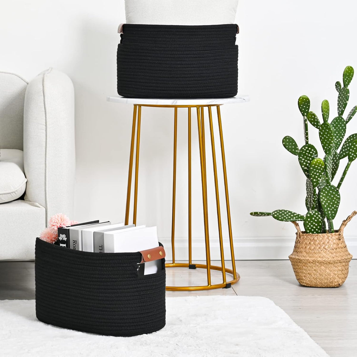 15x10x9 Woven Cotton Rope Storage Basket, Leather Handles
