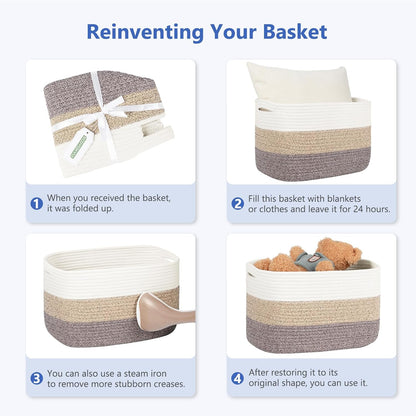 15x10x9 Woven Cotton Rope Storage Basket, Leather Handles