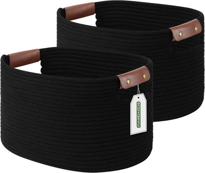 15x10x9 Woven Cotton Rope Storage Basket, Leather Handles
