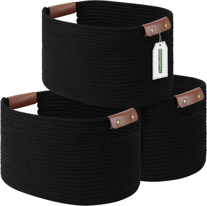 15x10x9 Woven Cotton Rope Storage Basket, Leather Handles