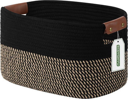 15x10x9 Woven Cotton Rope Storage Basket, Leather Handles