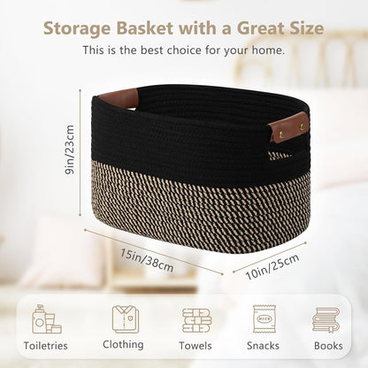 15x10x9 Woven Cotton Rope Storage Basket, Leather Handles