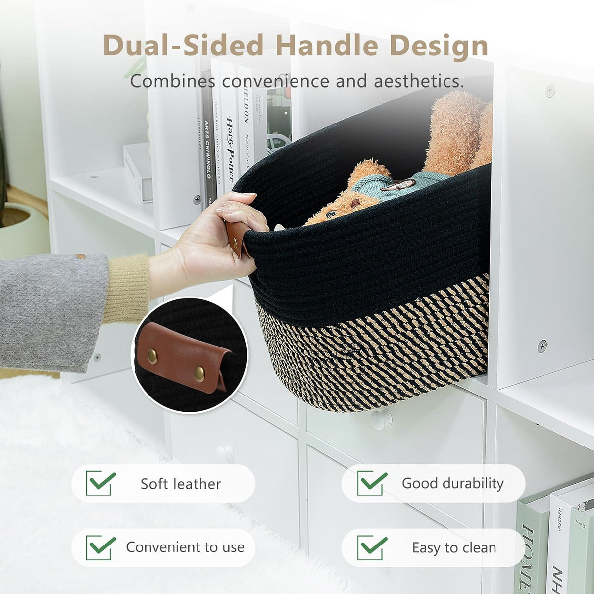15x10x9 Woven Cotton Rope Storage Basket, Leather Handles