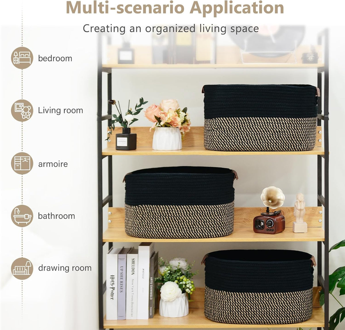 15x10x9 Woven Cotton Rope Storage Basket, Leather Handles