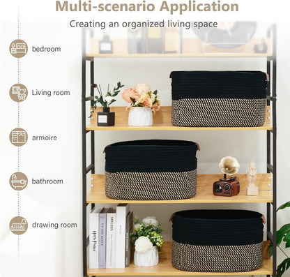 15x10x9 Woven Cotton Rope Storage Basket, Leather Handles