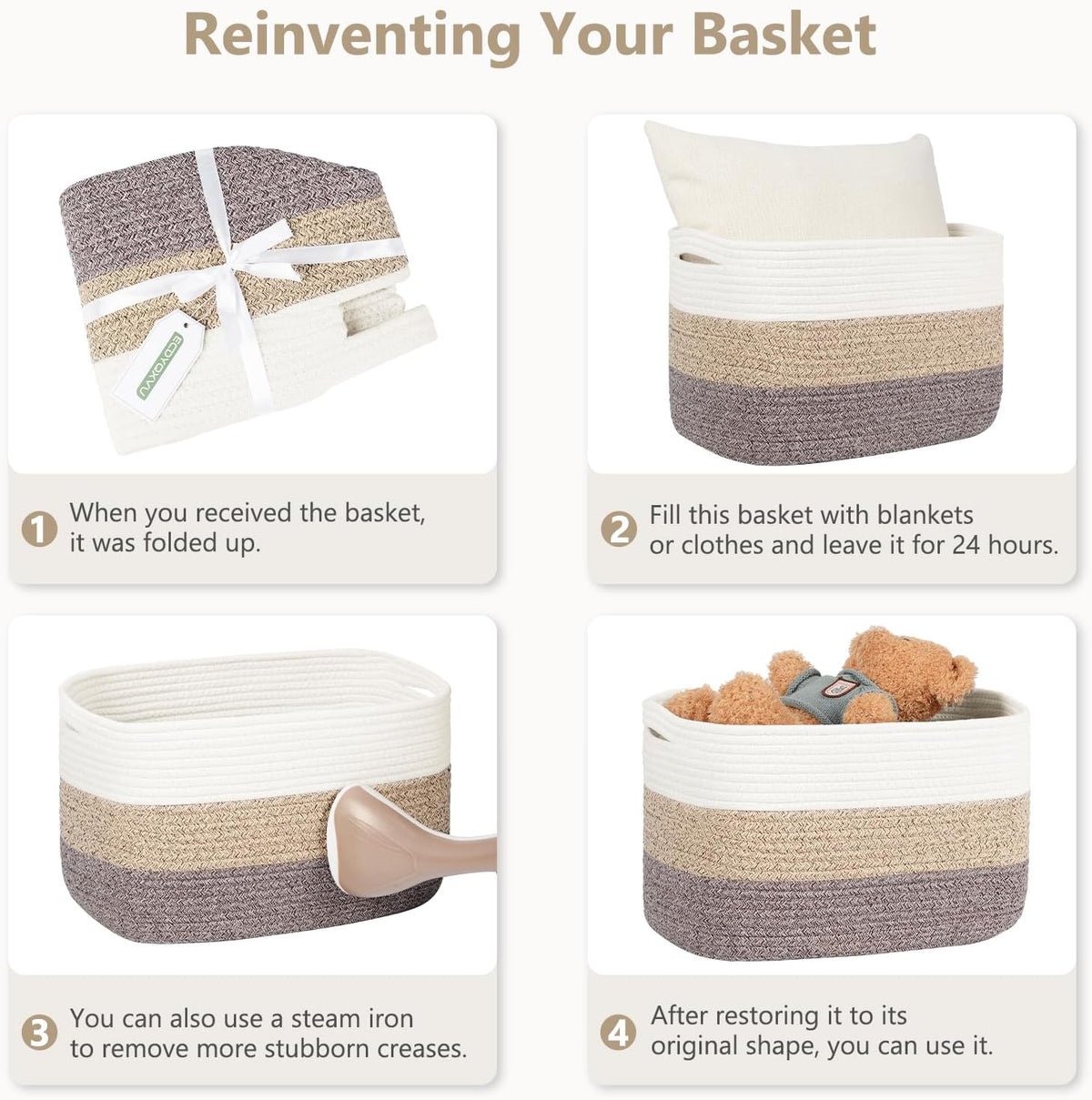 15x10x9 Woven Cotton Rope Storage Basket, Leather Handles