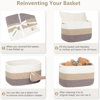 15x10x9 Woven Cotton Rope Storage Basket, Leather Handles