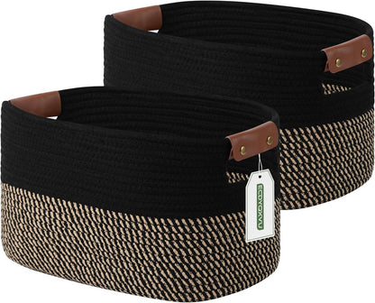 15x10x9 Woven Cotton Rope Storage Basket, Leather Handles