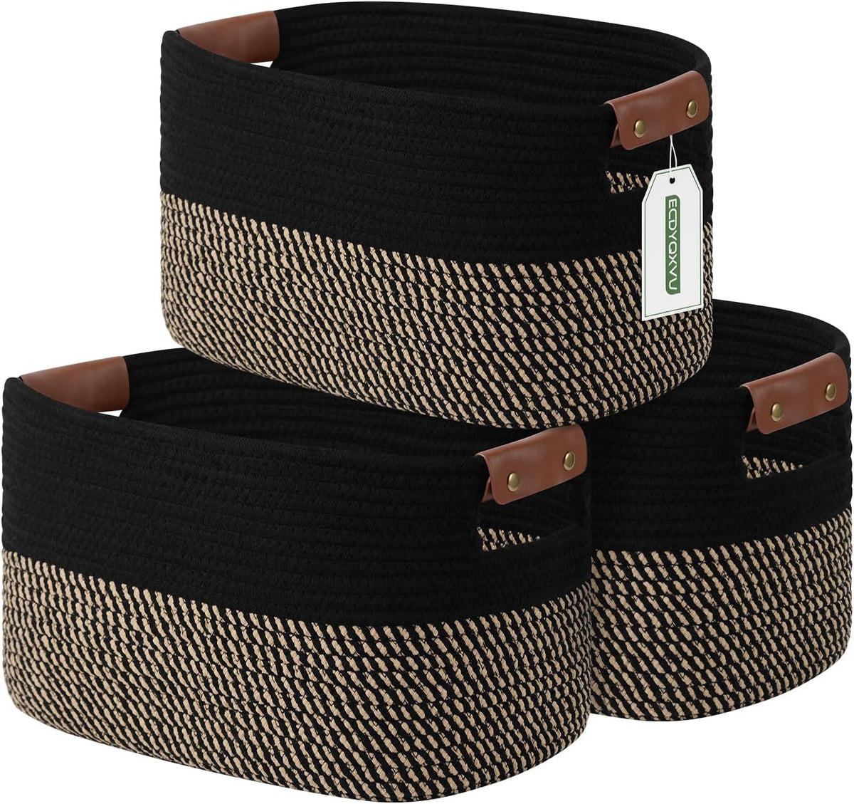 15x10x9 Woven Cotton Rope Storage Basket, Leather Handles