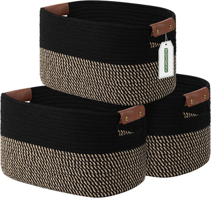 15x10x9 Woven Cotton Rope Storage Basket, Leather Handles