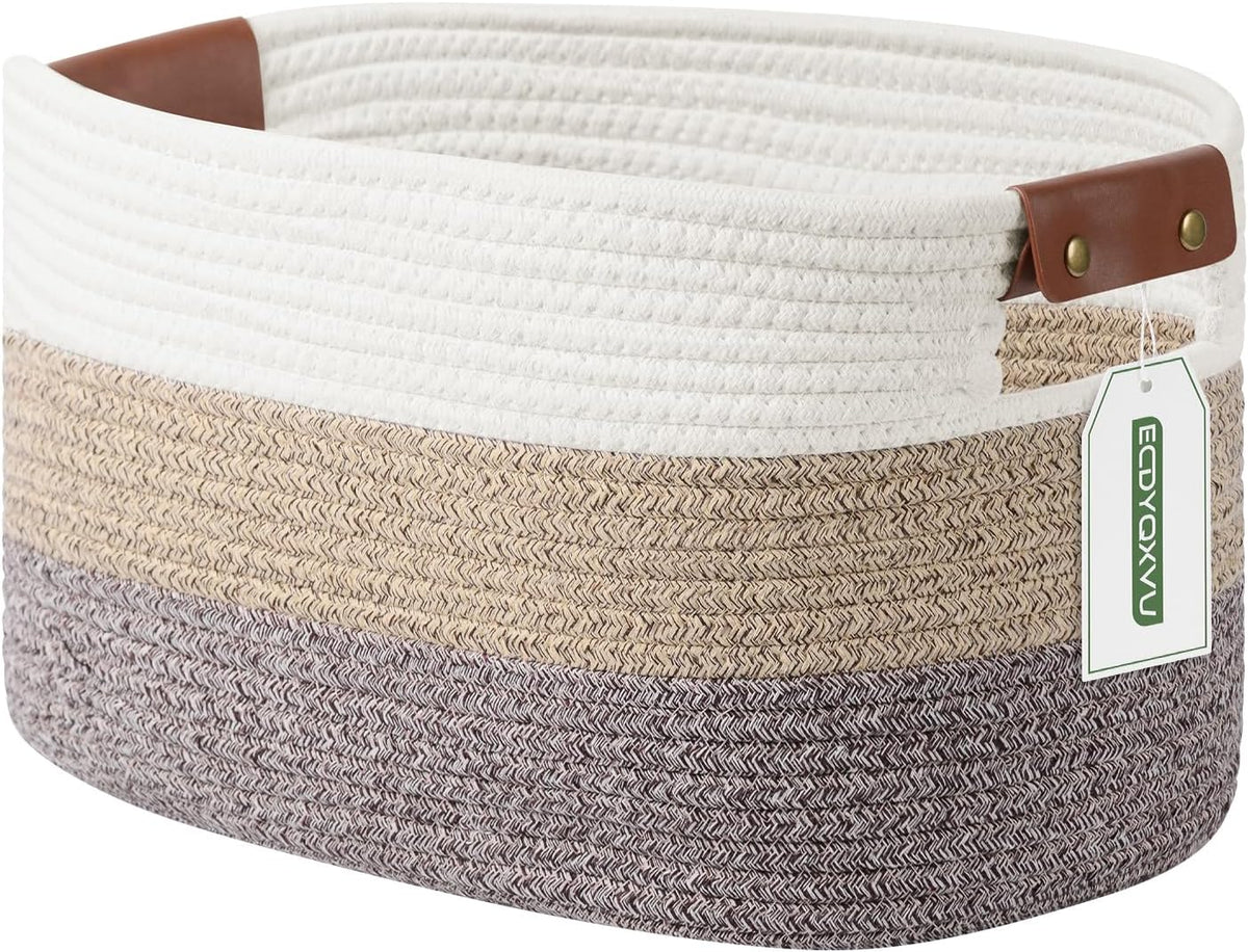 15x10x9 Woven Cotton Rope Storage Basket, Leather Handles